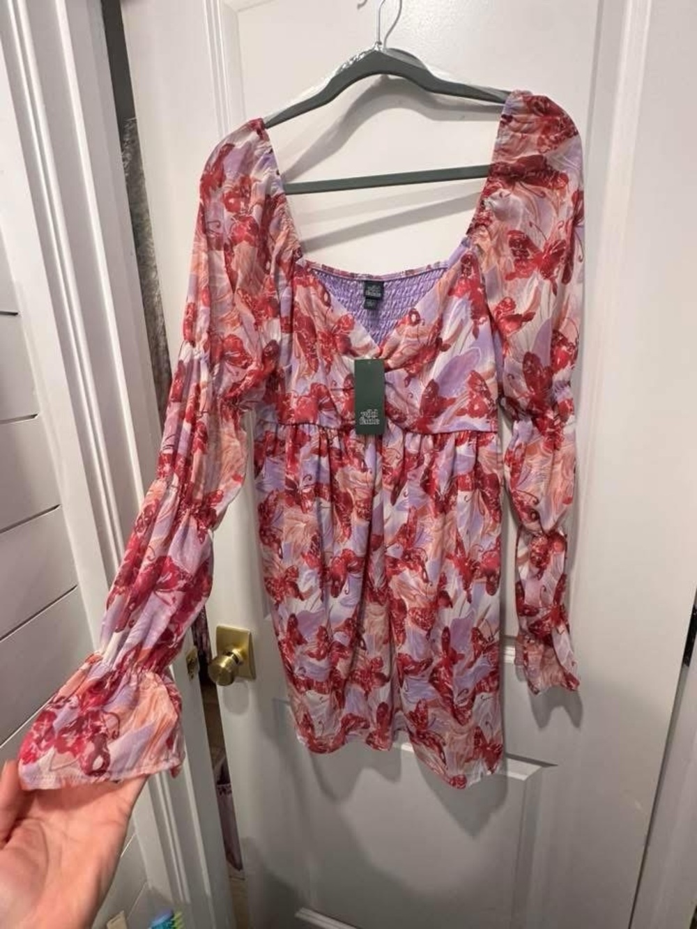 wild fable Red and Pink Floral Long Sleeve Smocked Waist Dress